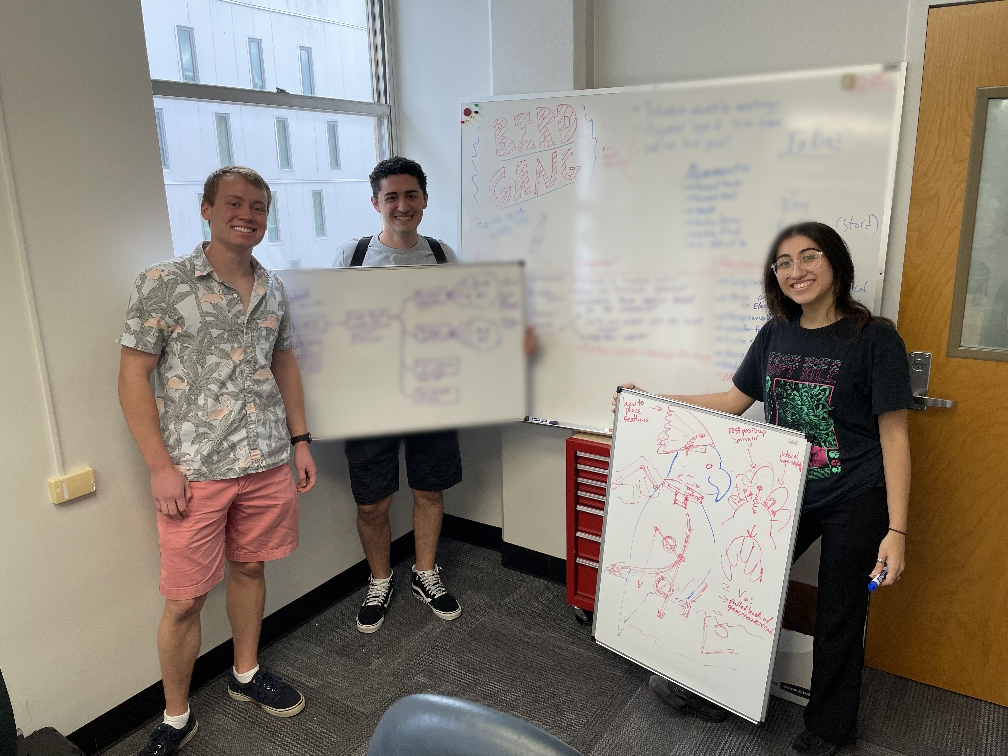 The Parrotronix team with many whiteboards full of notes and diagrams. One of them has a detailed sketch of a parrot with mechanical components laid out.