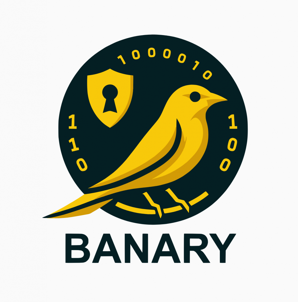Circular logo with "Banary" printed underneath. Logo is a black circle with a minimalist golden canary on a branch, surrounded by 1s and 0s and a shield with a lock on the front.