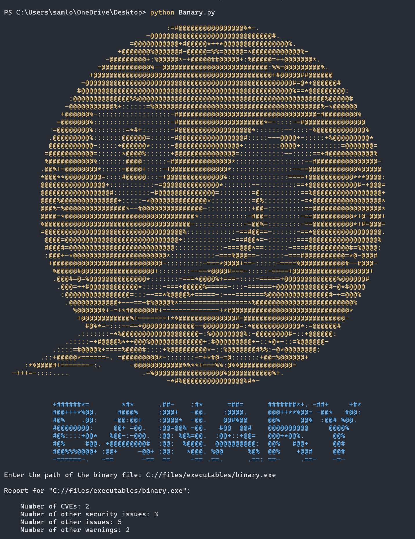 Photo of Banary product mockup with logo, title, and commands scanning a binary file and detecting common vulnerabilities.